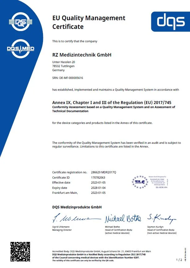 EU-Qualitätsmanagementzertifikat Anhang IX, Kapitel I und III der Verordnung (EU) - Zertifikate / Dokumente