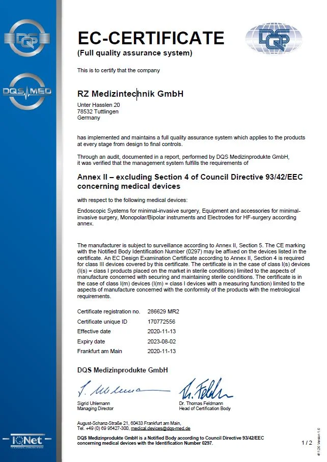 Annex 2 - exkluding Section 4 of Council Directive 93/42/EEC concerning medical devices - Zertifikate / Dokumente
